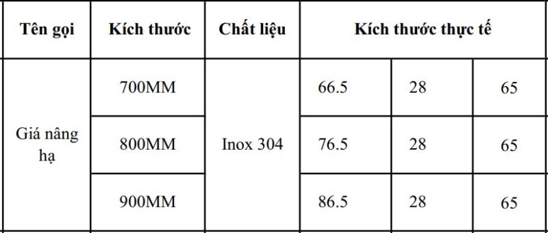 Kích thước giá bát nâng hạ
