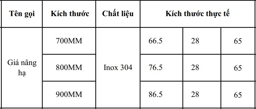 Kích thước giá bát nâng hạ